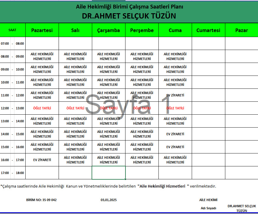 Dr. Ahmet Selçuk Tüzün çalışma saatleri